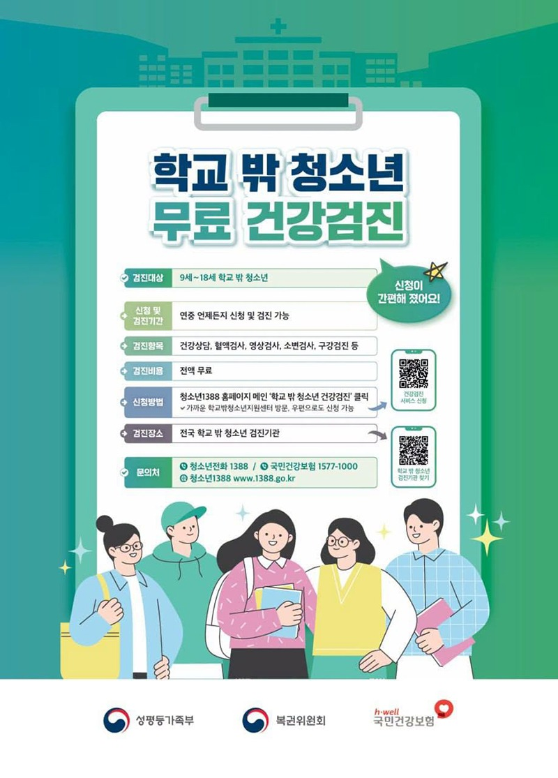 학교 밖 청소년 무료 건강검진 신청이 간편해졌어요! ■ 검진대상: 9세~18세 학교 밖 청소년 ■ 신청 및 검진기간: 연중 언제든지 신청 및 검진 가능 ■ 검진항목: 건강상담, 혈액검사, 영상검사, 소변검사, 구강검진 등 ■ 검진비용: 전액 무료 ■ 신청방법: 청소년1388 홈페이지 메인 '학교 밖 청소년 건강검진' 클릭 - 가까운 학교밖청소년지원센터 방문, 우편으로도 신청 가능 ■ 검진장소: 전국 학교 밖 청소년 검진기관 ■ 문의처 · 청소년전화 ☎1388 · 국민건강보험 ☎1577-1000 · 청소년1388